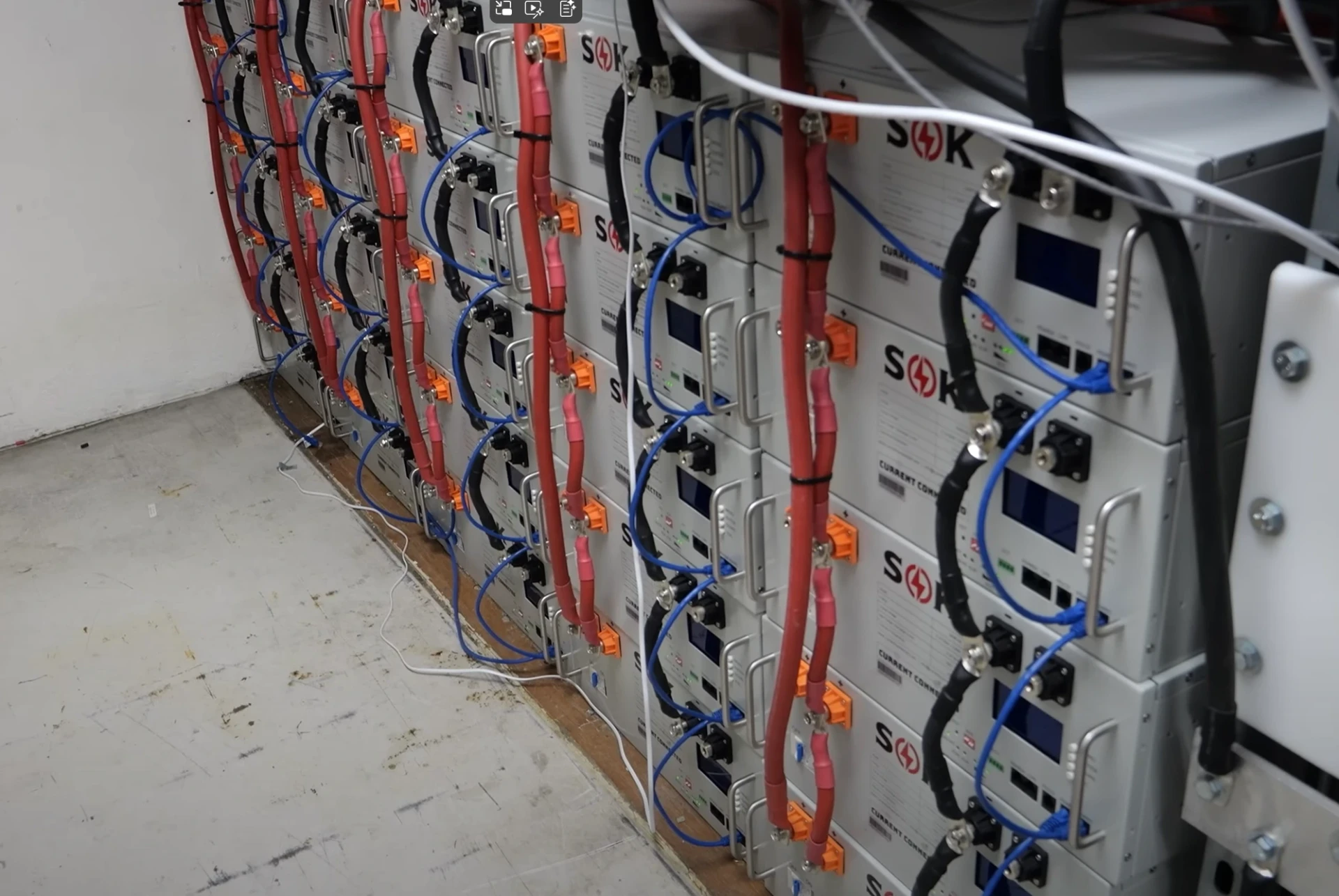 Twelve 48V server rack batteries feeding through the Victron Lynx distribution system. 60kWh of storage with room to expand.