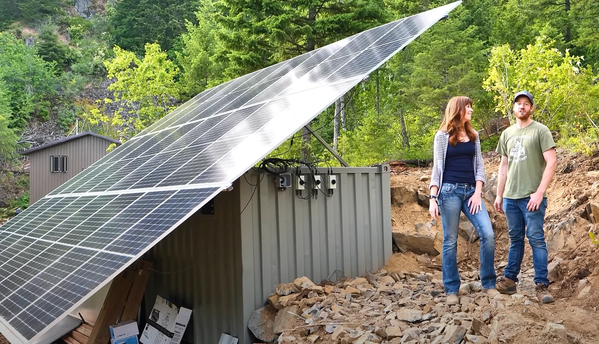 24 bifacial panels on an adjustable mount. 60 degrees in winter to shed snow, 35 degrees the rest of the year.