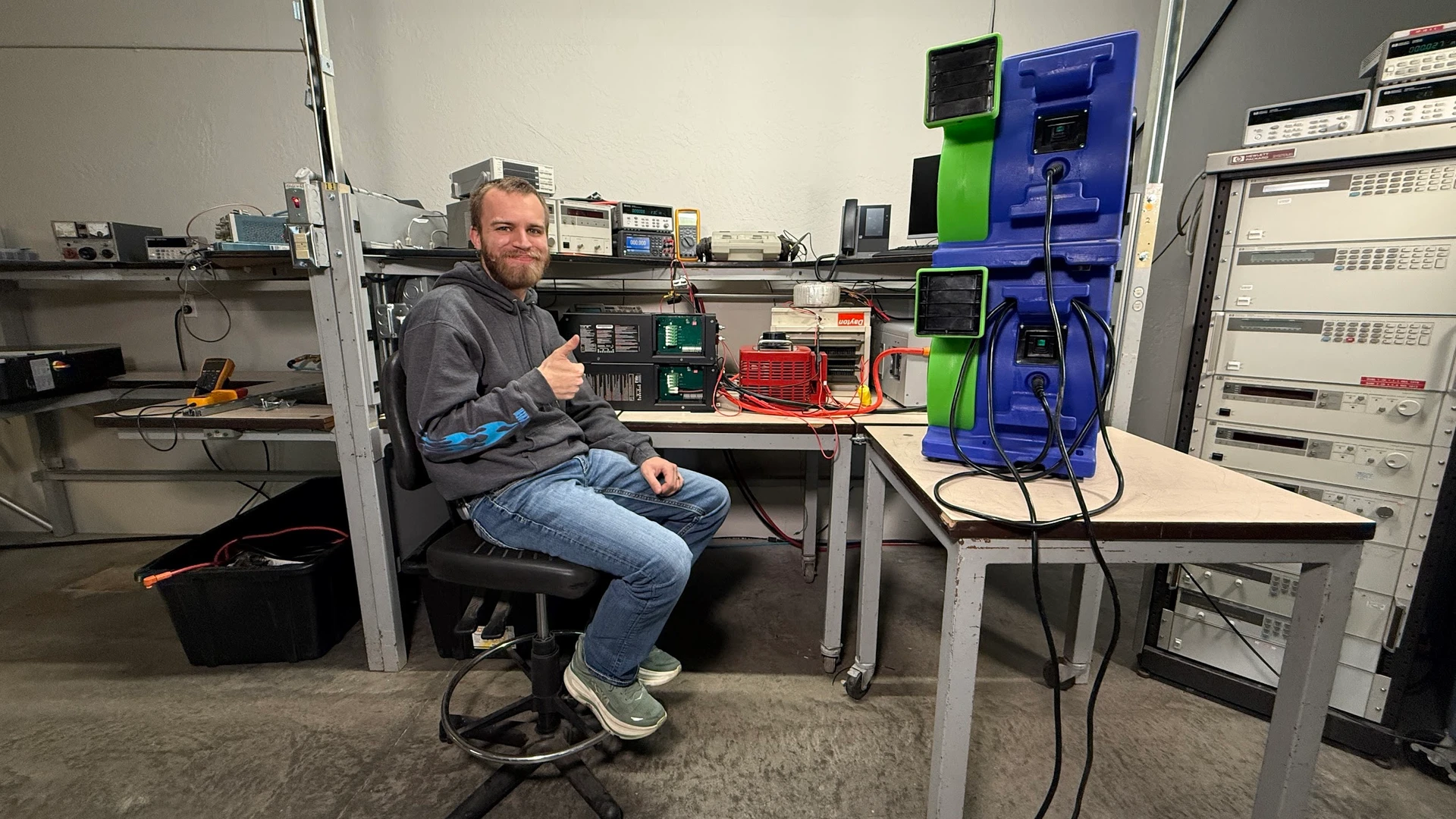Dexter in front of his test bench in Idaho load testing Midnite Solar Little Rosie inverters