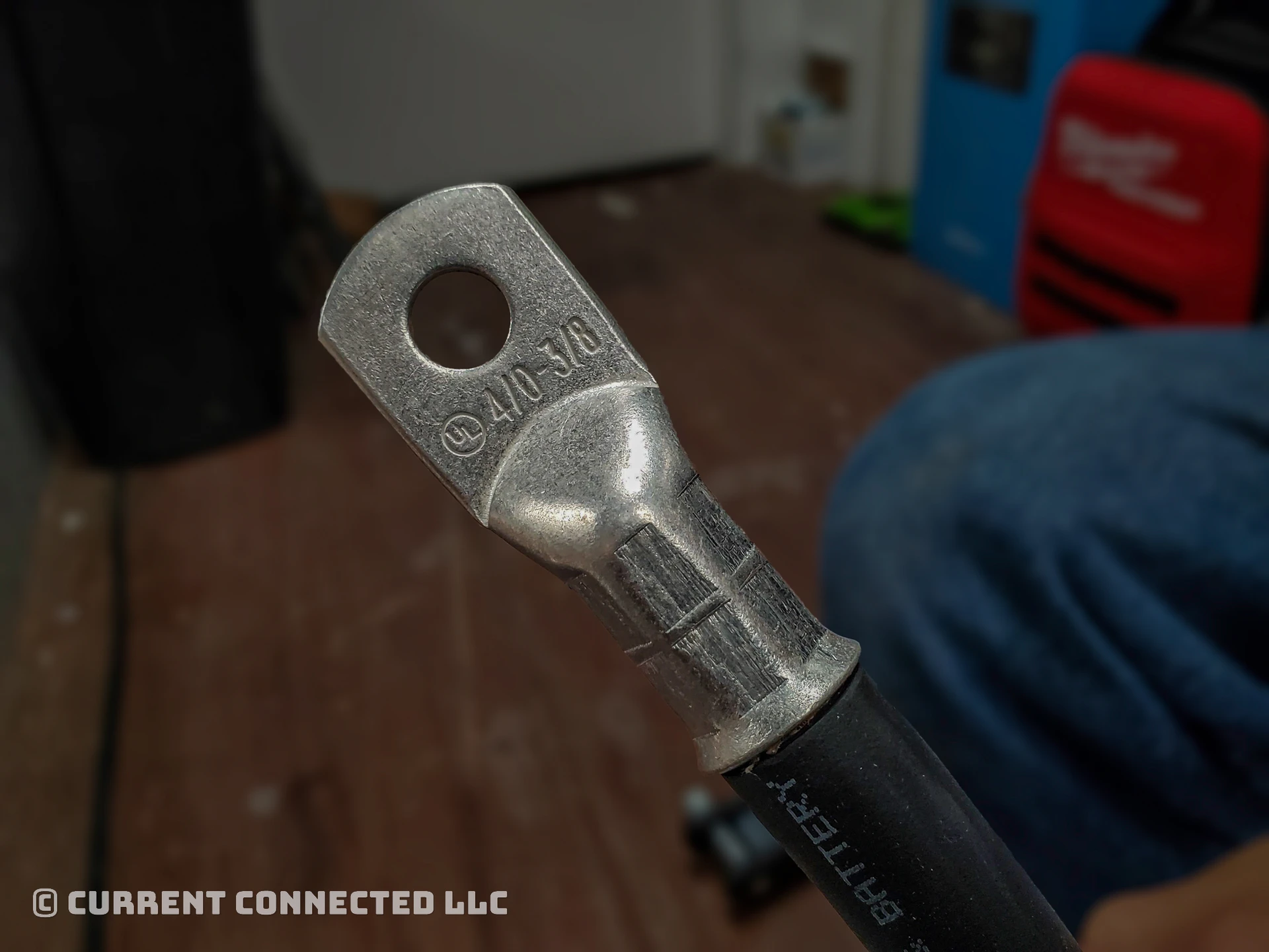 Photo of battery lug with two crimps.